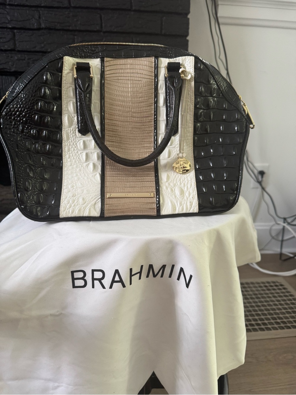 Brahmin Black, White & Taupe Croc-Embossed Satchel with Gold Hardware